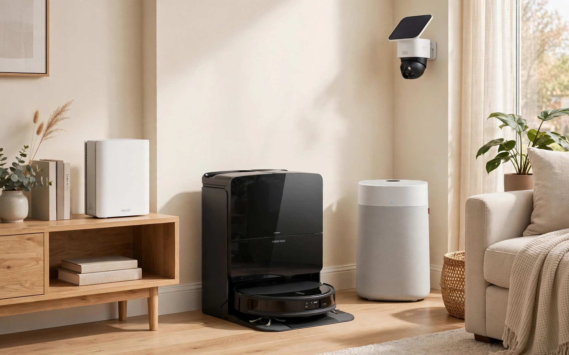 The Home Tech department&rsquo;s top products in a living room: the Roborock Saros 10R robot vacuum, the Blueair Blue Pure 211i Max air purifier, an ASUS ZenWiFi BT10 mesh node and the eufy SoloCam S340 security camera