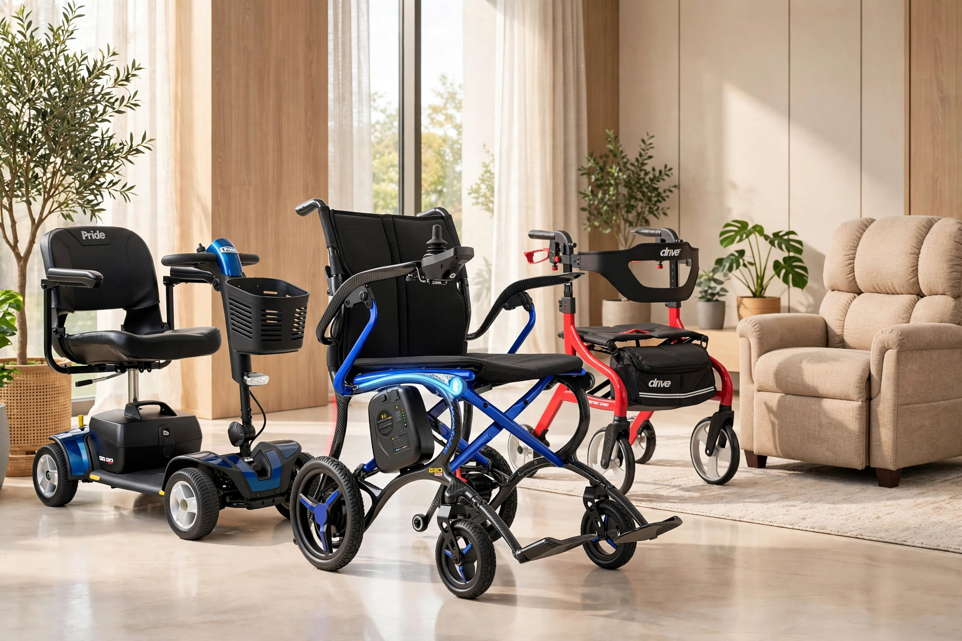 The Mobility and Accessibility department&rsquo;s top products together: the Forcemech Ultralite G20 PRO power wheelchair, the Pride Go-Go Sport scooter, the Drive Nitro Sprint rollator and a Golden lift chair