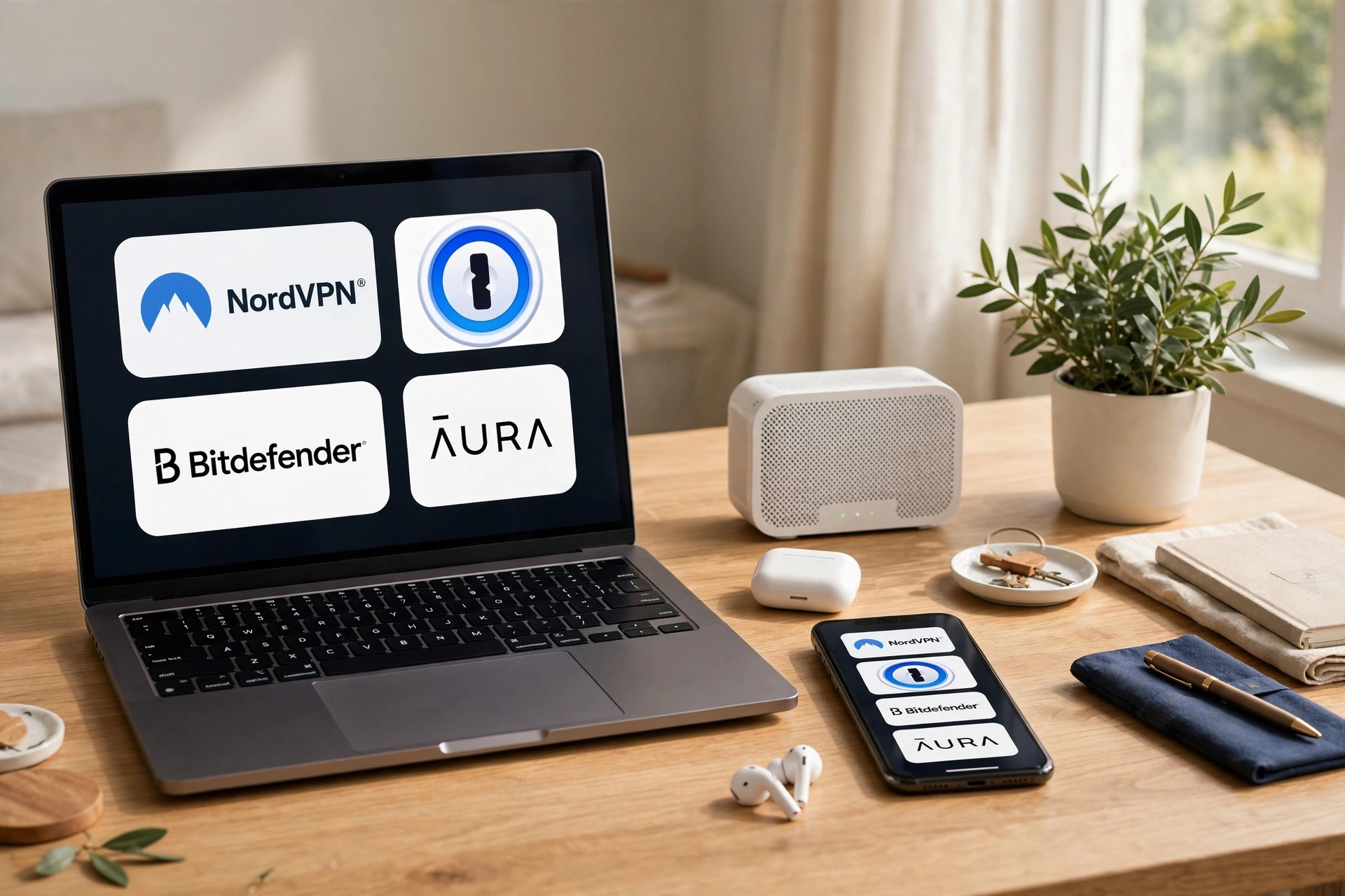 The Software department&rsquo;s top products on a laptop and phone: NordVPN, 1Password, Bitdefender and Aura