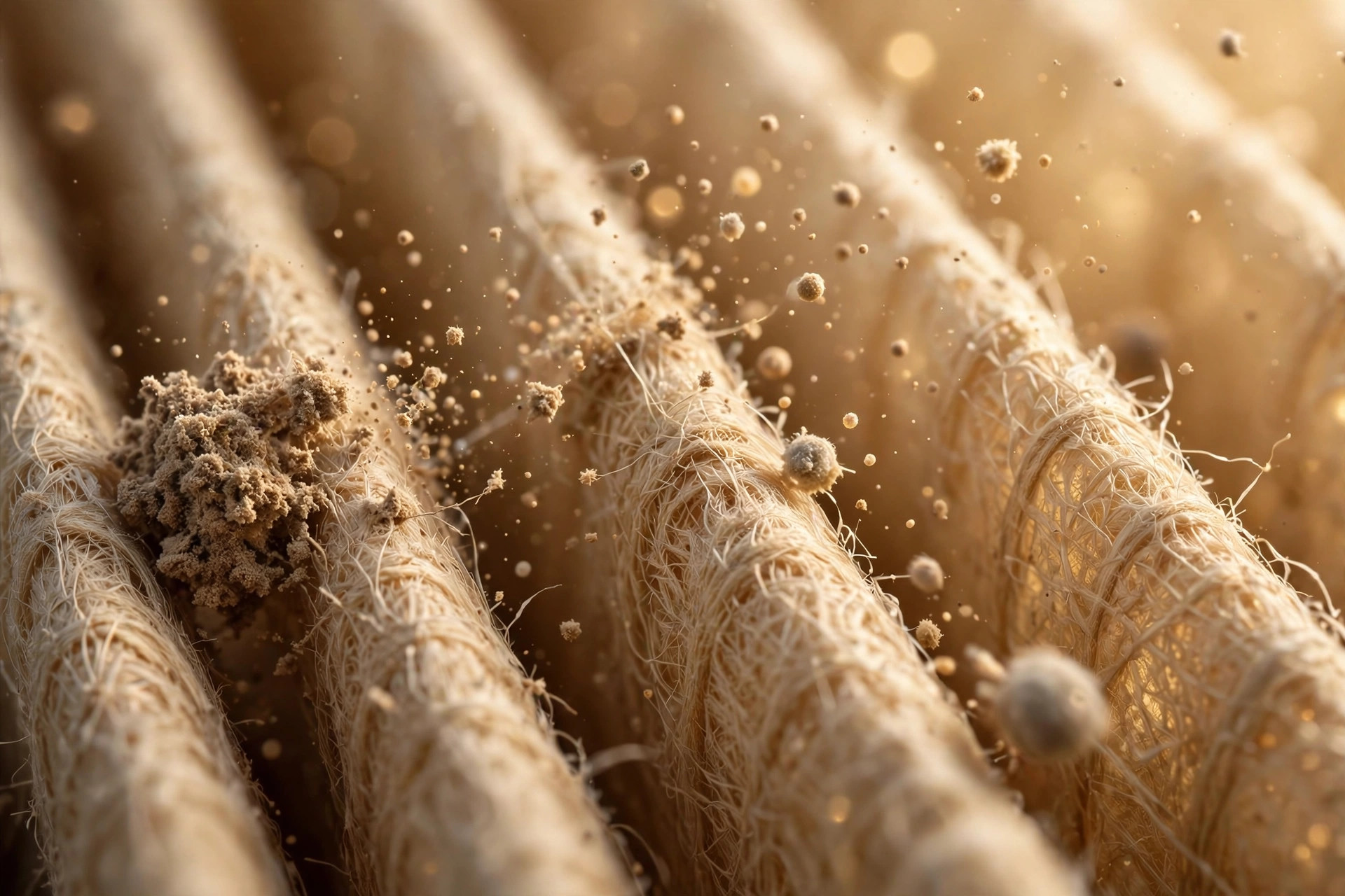 Fibras de un filtro vistas al microscopio atrapando partículas de muchos tamaños, las más pequeñas acercándose a una fibra
