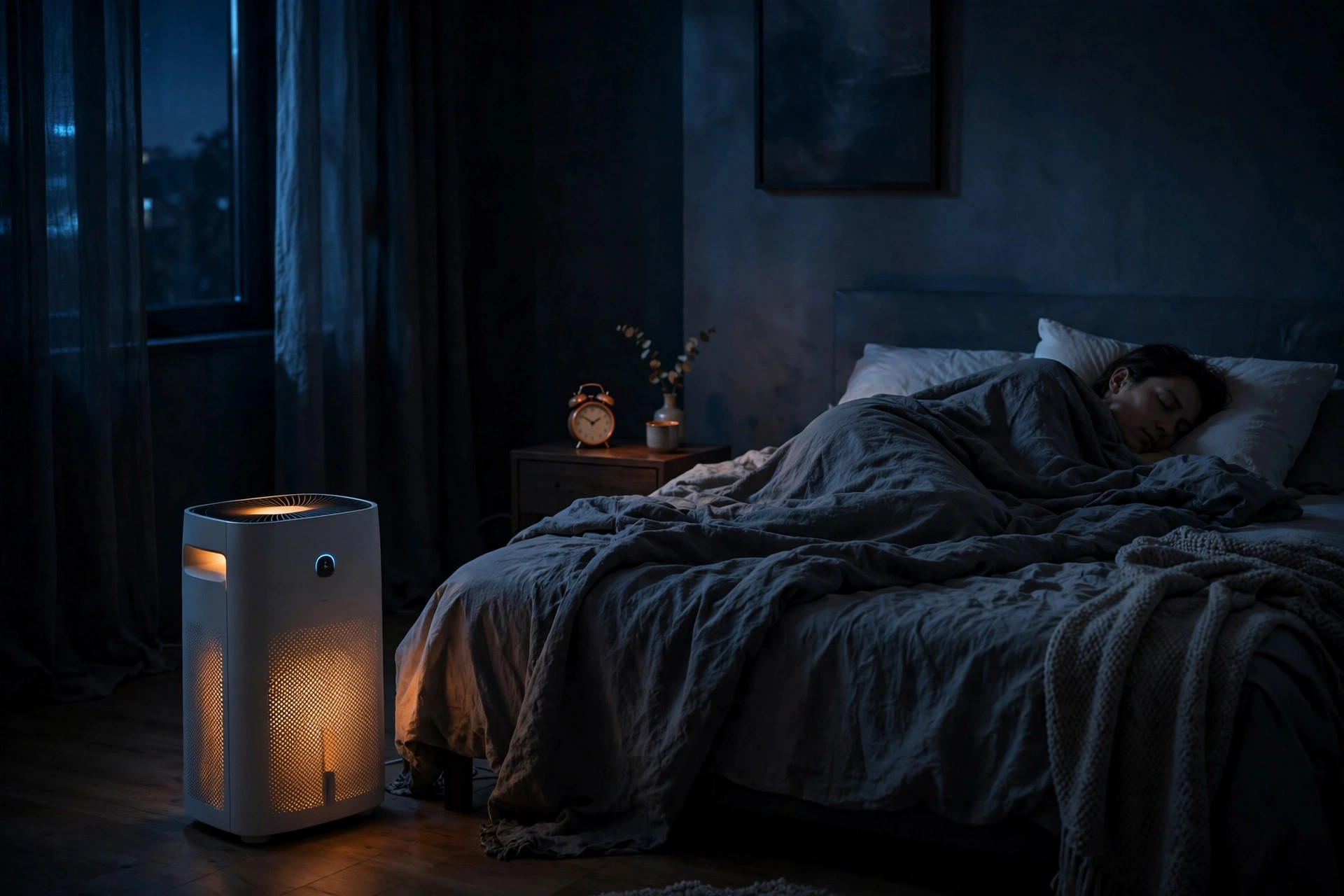 Un dormitorio tranquilo de noche con un purificador de aire funcionando junto a la cama y un reloj que marca el paso de los minutos