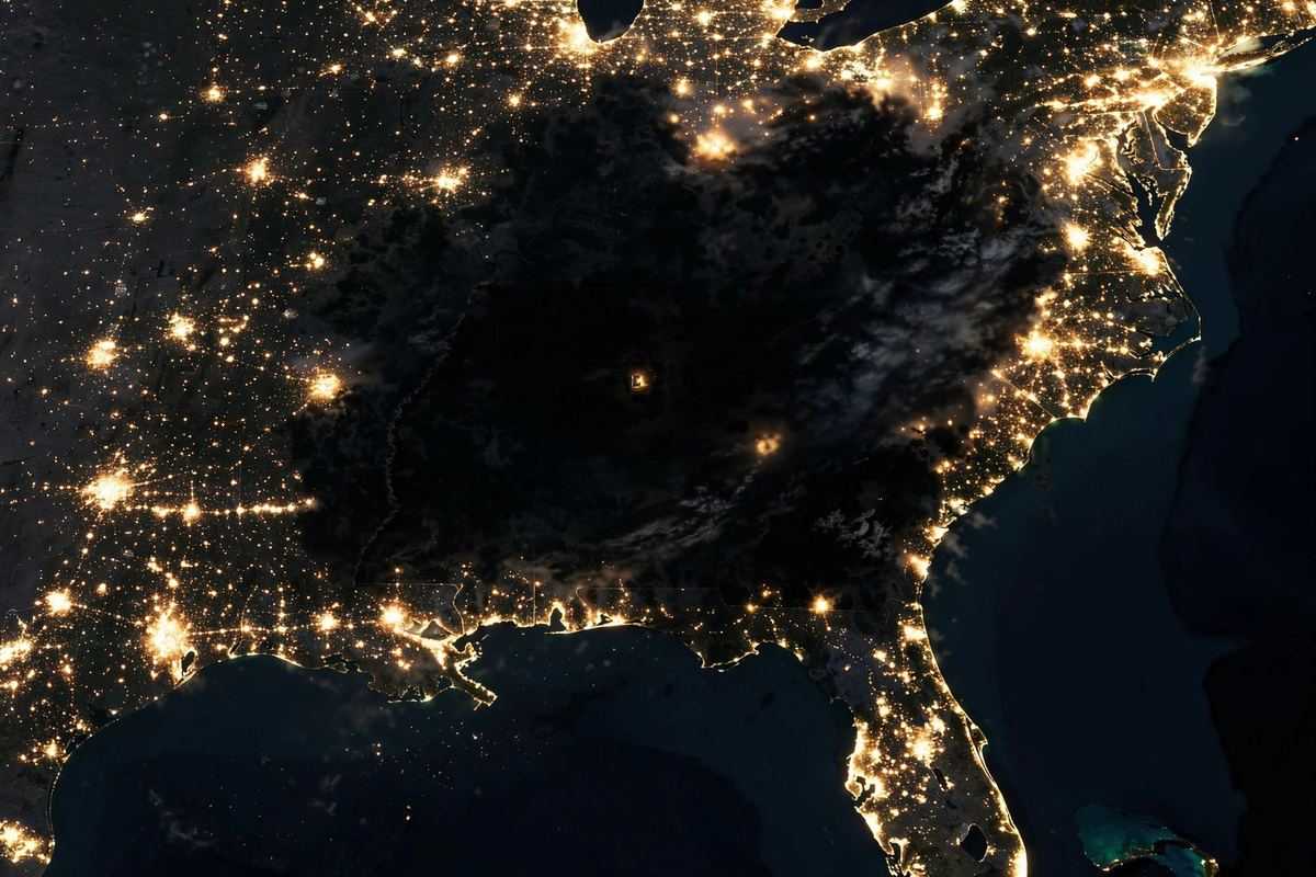 Un mapa amplio del sureste de Estados Unidos de noche, con una gran zona oscura donde un huracán ha cortado las luces