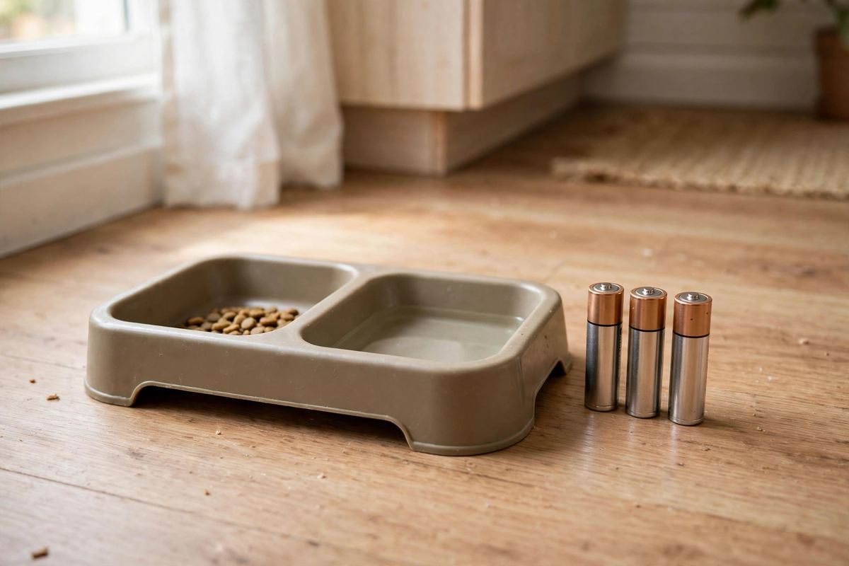 Un comedero sencillo tipo bandeja sobre el suelo de una cocina, junto a tres pequeñas pilas AA, con aspecto tranquilo e imperturbable