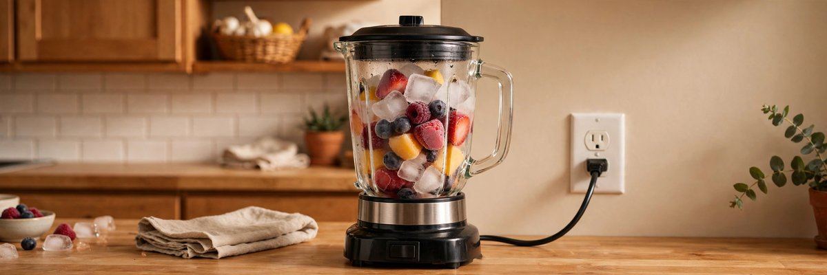 A countertop blender filled with ice and frozen fruit, its base cord plugged into a kitchen wall outlet