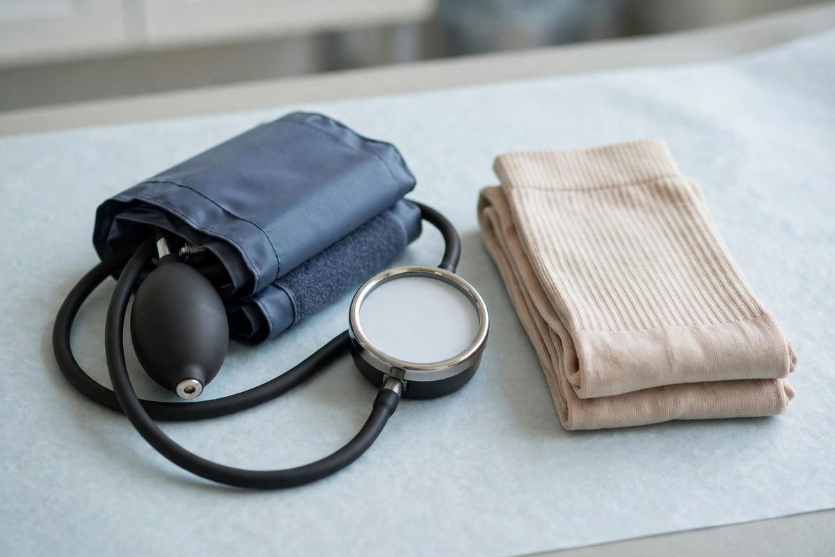 A blood-pressure cuff and gauge on a clinic table beside a neatly folded pair of knee-high compression socks