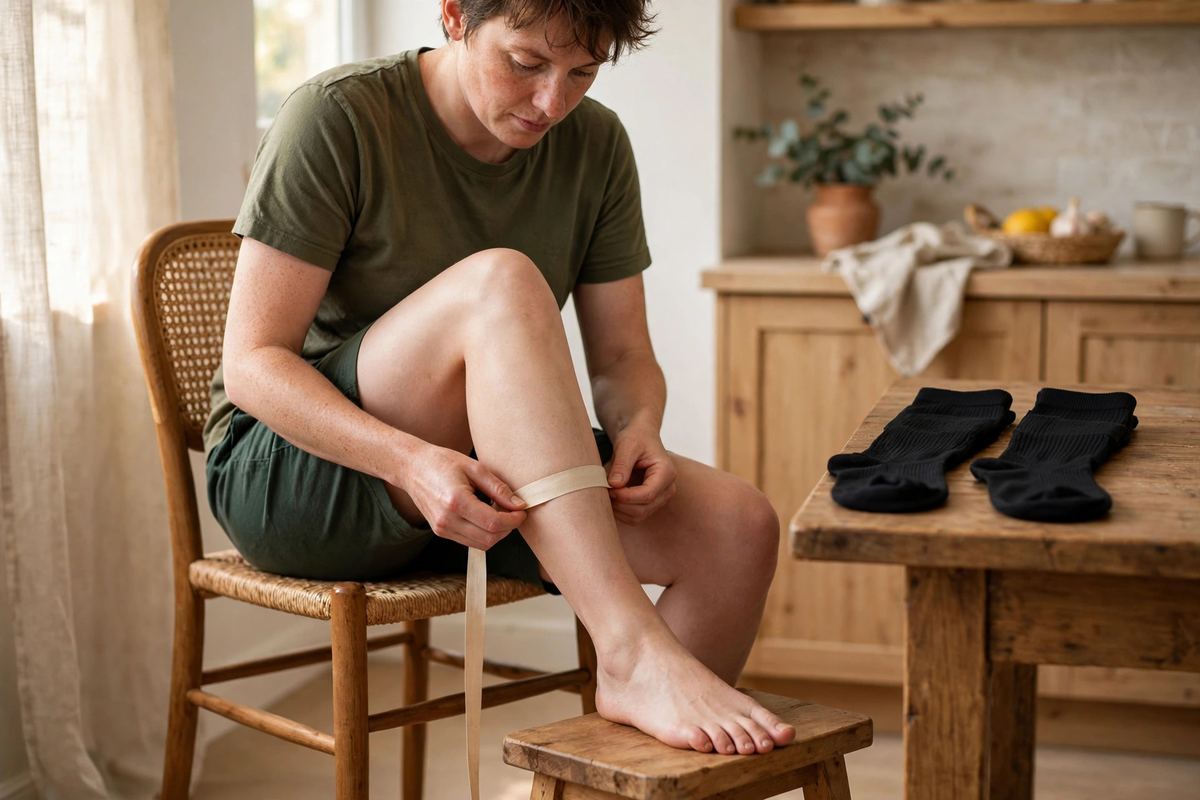 A seated person measuring their calf with a fabric tape measure in a kitchen in the morning, compression socks laid out on the table beside them