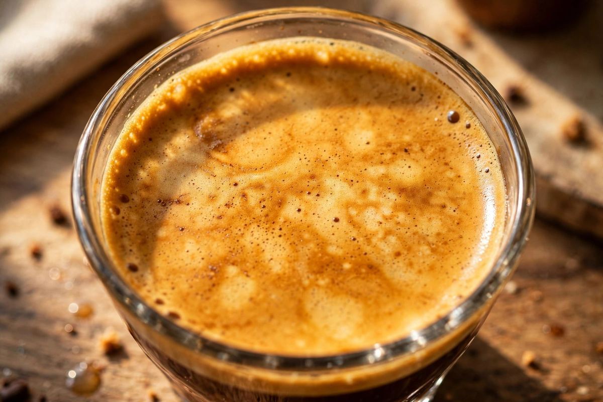 Un espresso recién extraído coronado con una crema dorada y espesa en una tacita de cristal