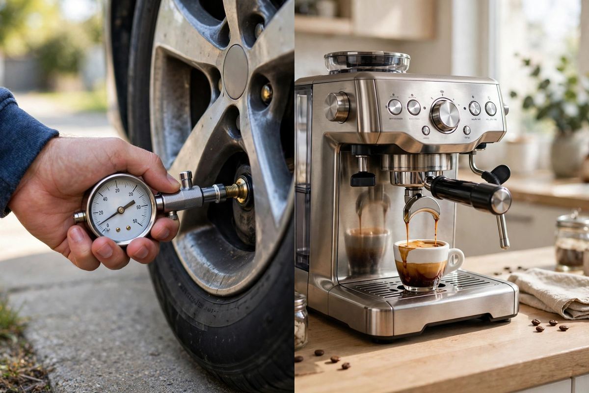 Una mano comprobando la presión de un neumático de automóvil con un manómetro de esfera, junto a una cafetera espresso doméstica extrayendo un espresso