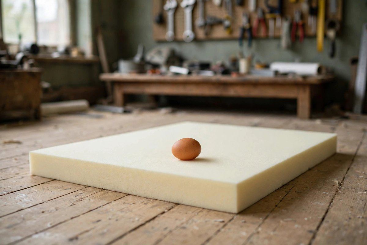 A three-inch foam pad on the ground with an egg resting unbroken on top of it, evoking NASA's early temper foam tests