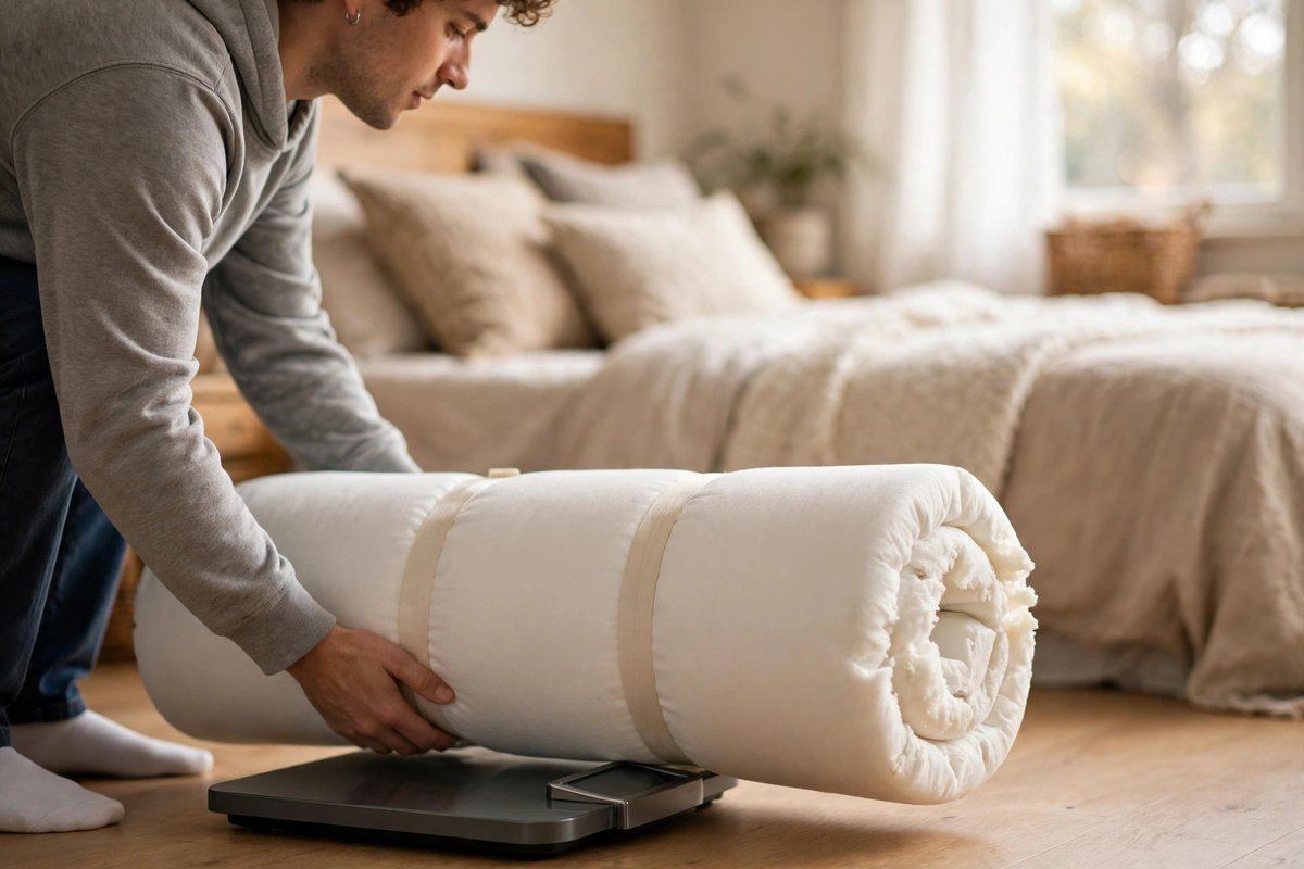 A person setting a large rolled queen mattress topper onto a bathroom scale on a bedroom floor to weigh it