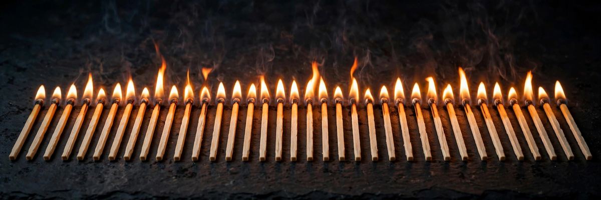 A long row of lit wooden kitchen matches on a dark slate surface, flame after flame in a line