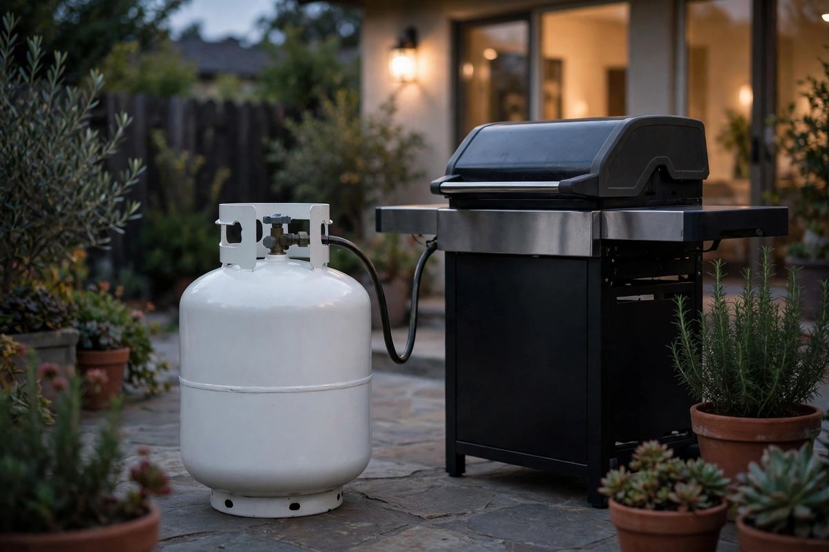 A standard white 20-pound propane tank standing on a patio beside a gas grill at dusk