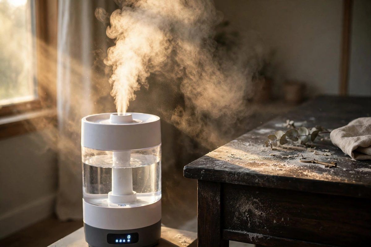 Una fina película mineral blanca cubriendo una mesa de madera oscura junto a un humidificador de niebla fría, captada en luz baja de ventana