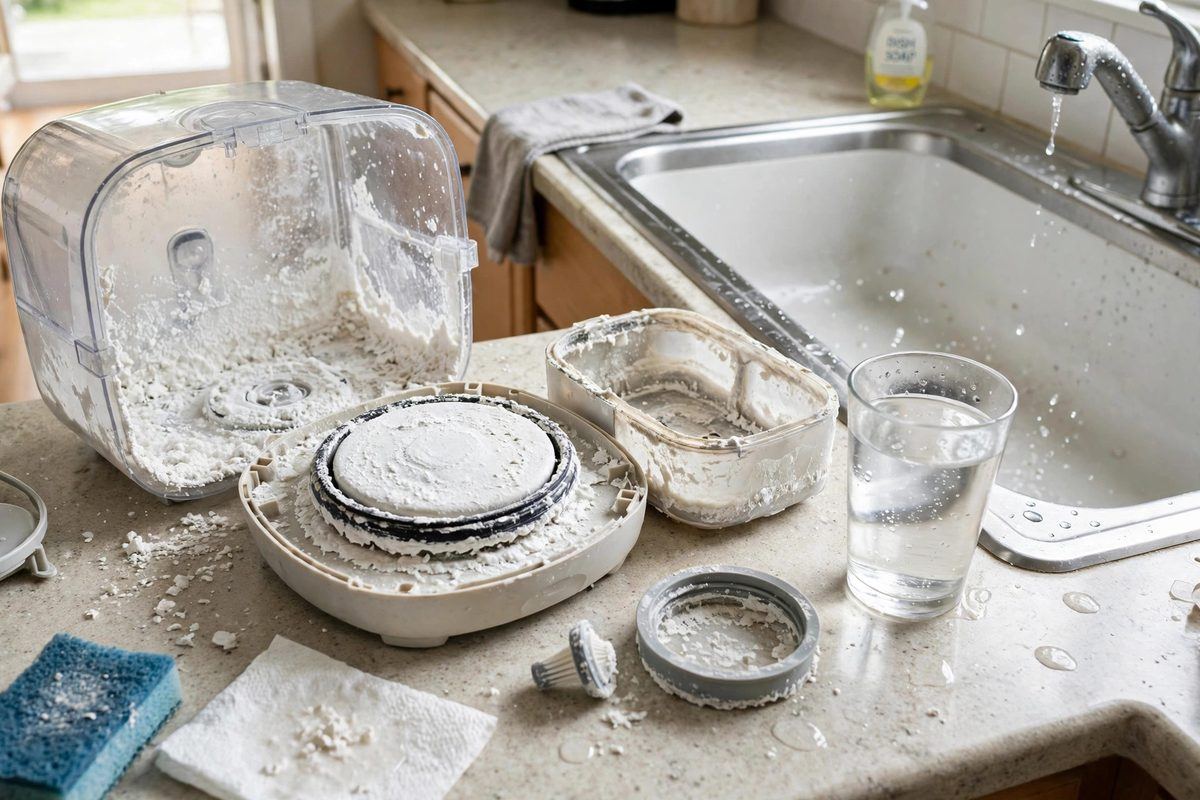 Un vaso de agua del grifo junto a un tanque de humidificador cubierto de sarro mineral blanco, en luz brillante de cocina