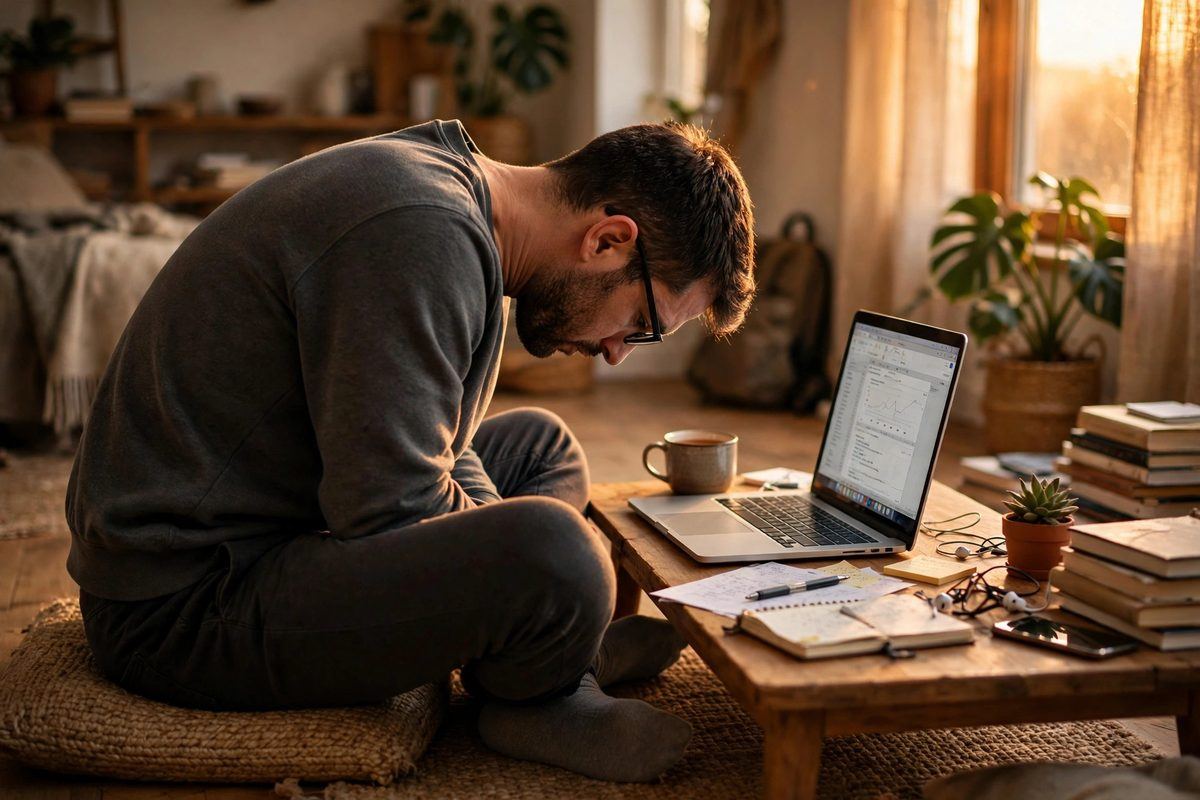 Una persona encorvada sobre una laptop en una mesa baja, con la cabeza muy inclinada hacia adelante, en luz lateral cálida