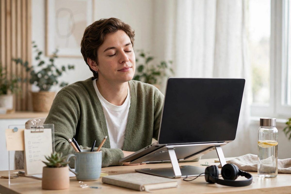 Una persona trabajadora relajada, con los ojos suavemente cerrados ante un escritorio, a punto de abrirlos hacia una pantalla correctamente colocada