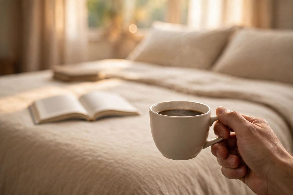 A mattress warranty booklet open to a care page with a short do-not list, a coffee cup held carefully far away from the bed