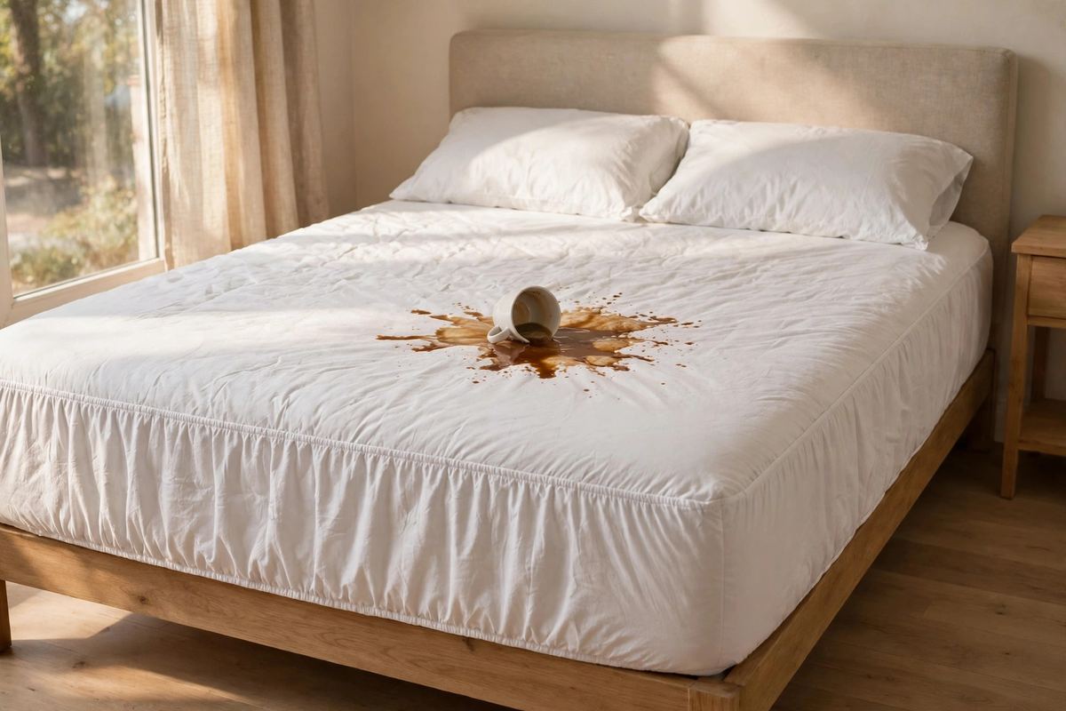 A mattress completely covered by a white fitted protector, with a tipped coffee cup and a coffee stain on the protector itself