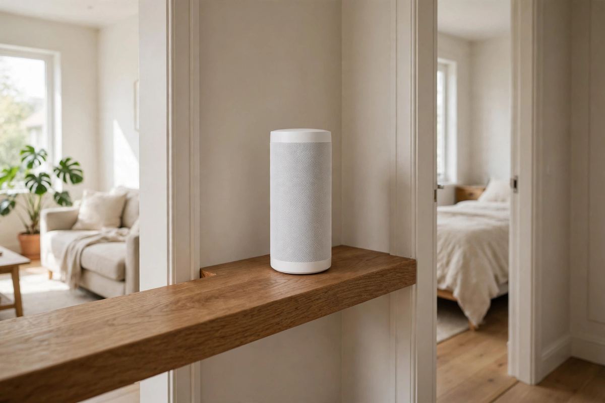 A white mesh Wi-Fi node on a hallway shelf, halfway between a living room and a bedroom