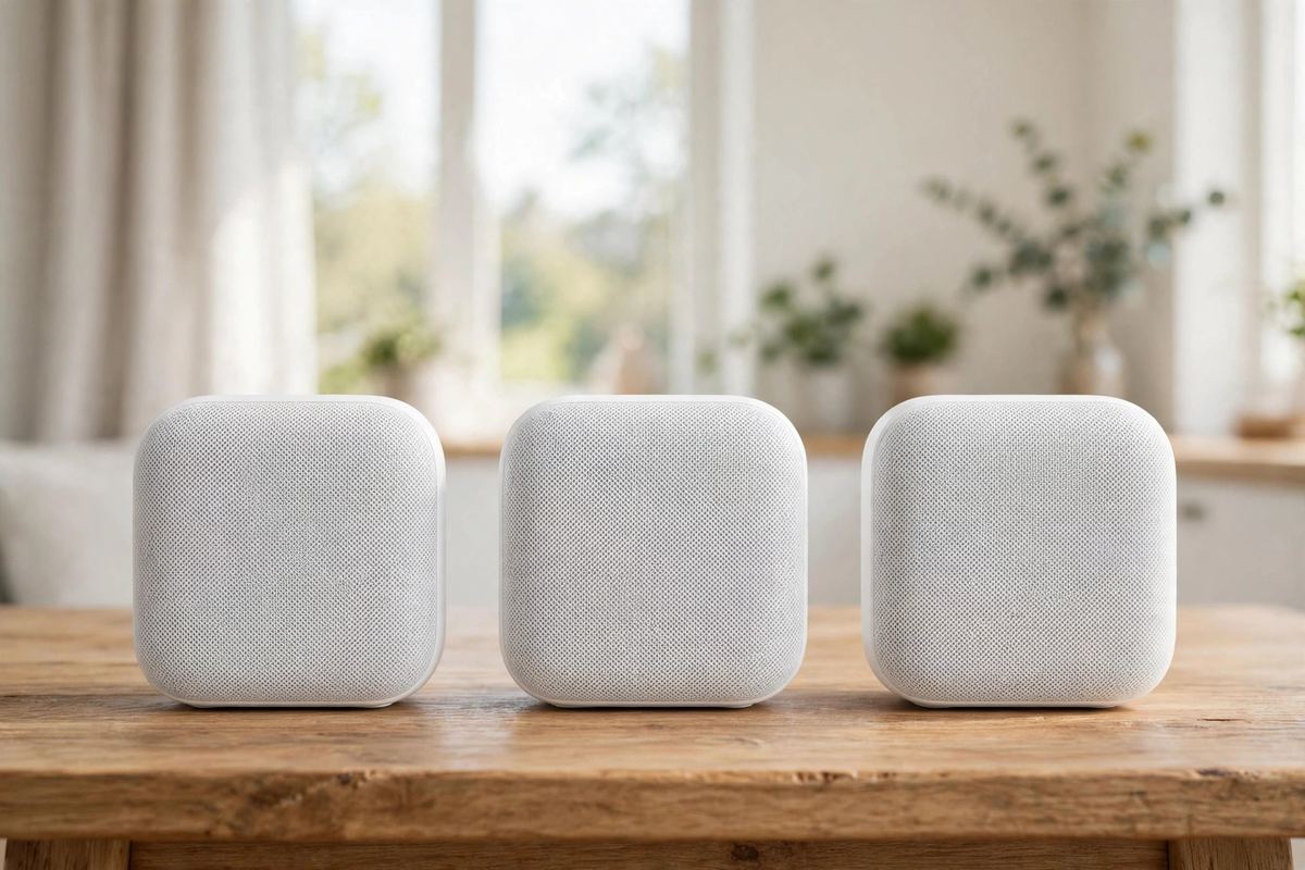 Three white mesh Wi-Fi nodes in a row on a wooden table, identical units of one whole-home system