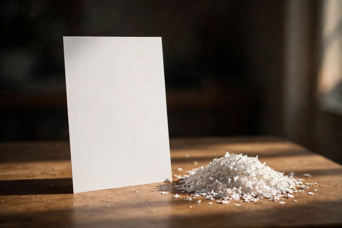 A single sheet of paper reduced to a mound of tiny confetti-like particles beside an intact page