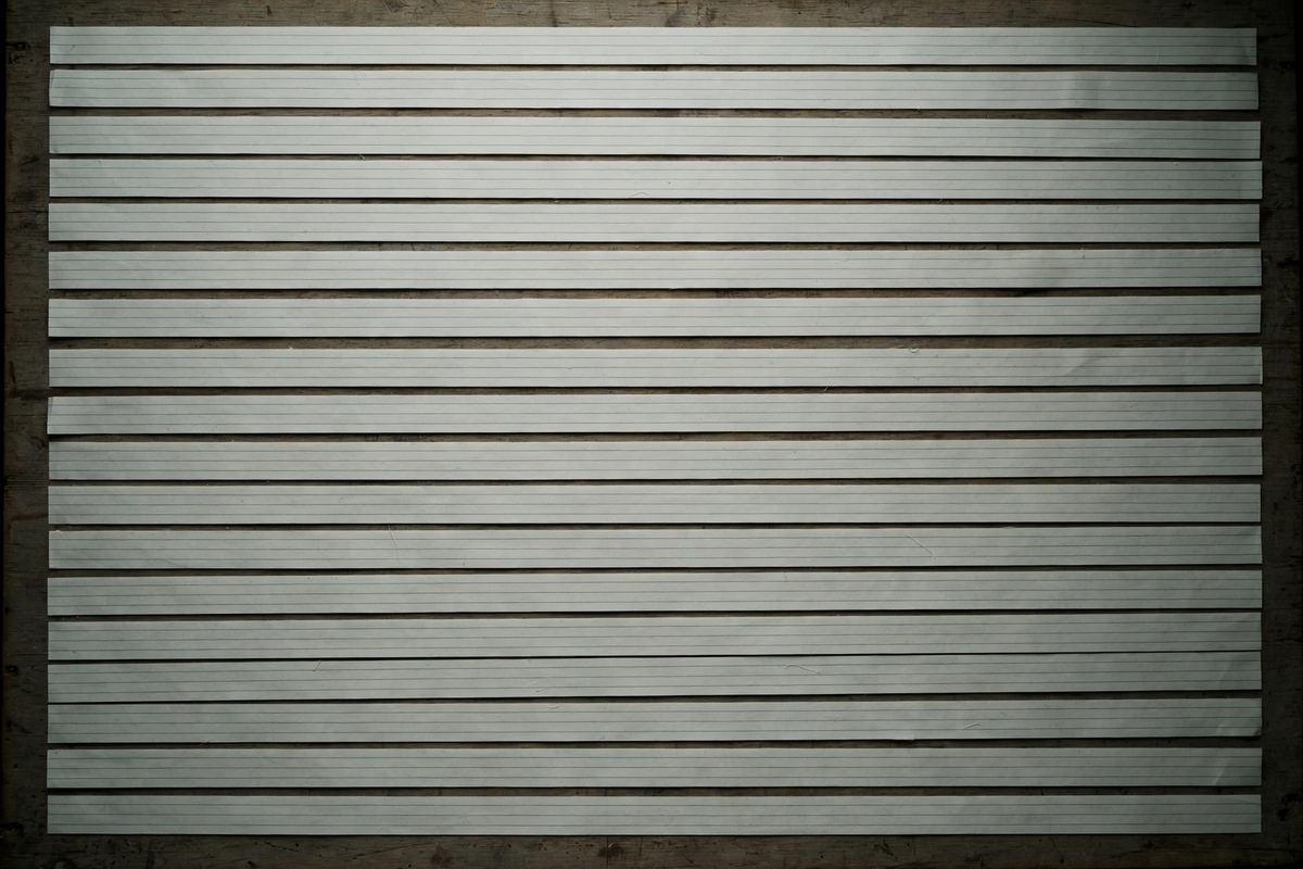 Long paper ribbons from a strip-cut shredder laid back into place so the printed lines line up again