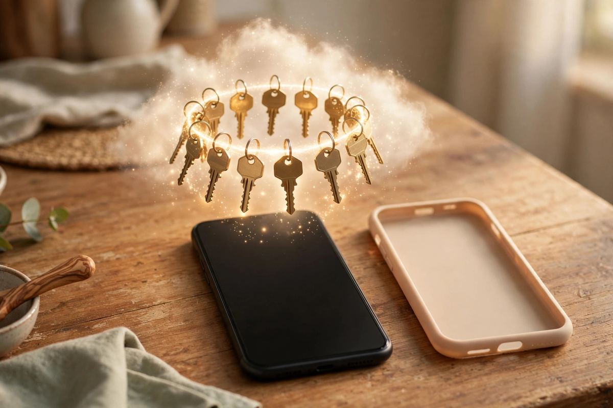 A new phone being set up beside a lost one, with the same set of keys arriving intact