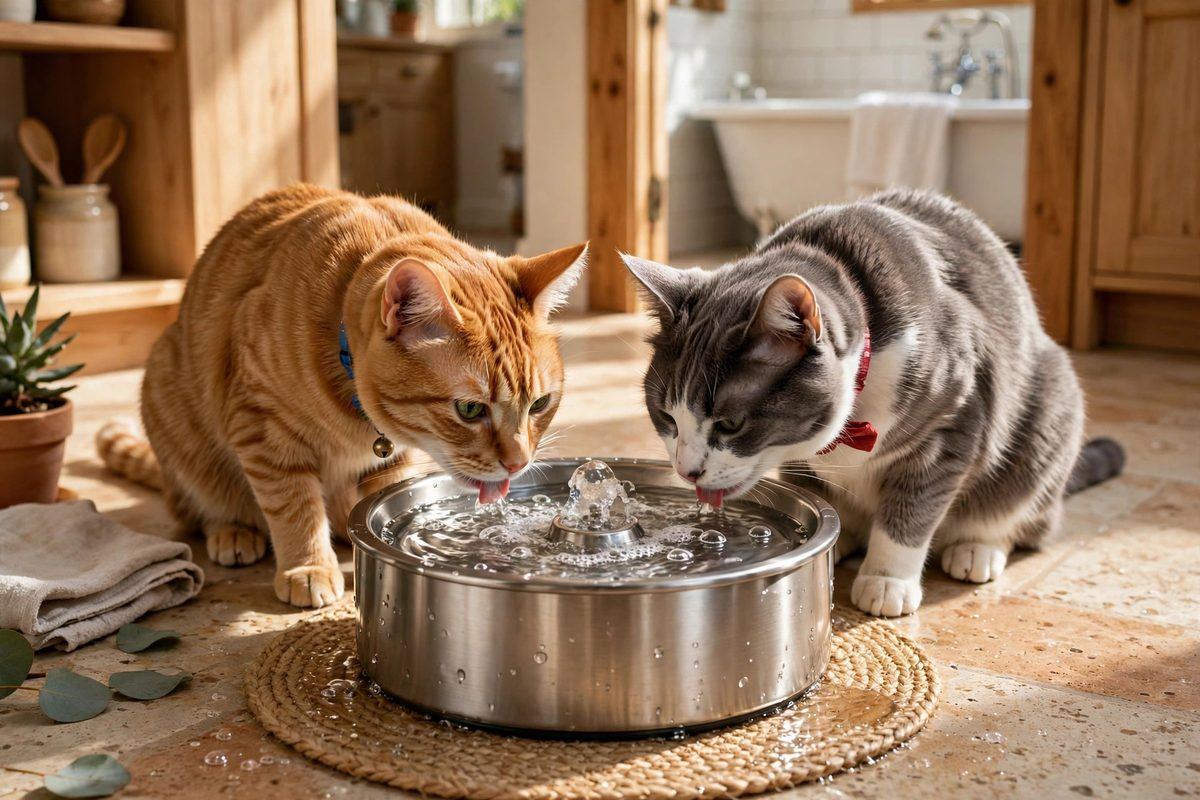 Dos gatos bebiendo uno al lado del otro de una fuente de agua para mascotas con burbujeo suave en una cocina soleada