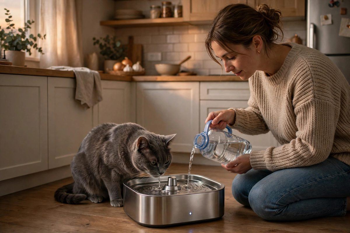 Un gato gris mayor bebiendo de una fuente mientras su dueña la rellena con una jarra cerca