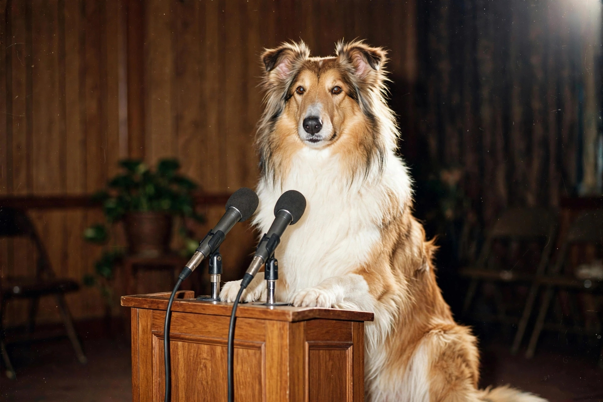 Un collie de pelo largo sentado ante un podio con micrófonos en una rueda de prensa