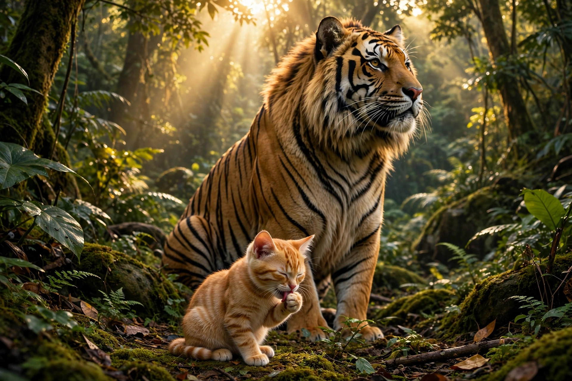 Un gato doméstico lamiéndose una pata frente a un tigre enorme y majestuoso en la selva
