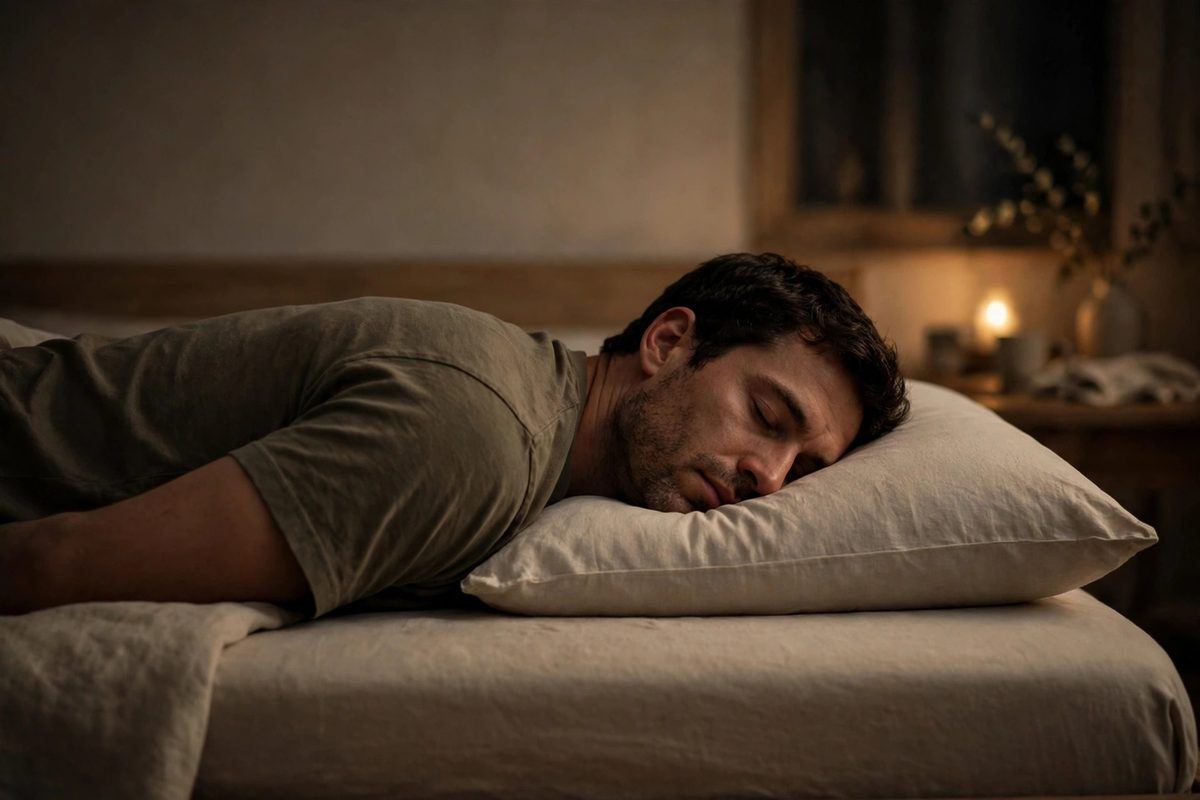 A side sleeper lying flat on a mattress, head and neck held level by a tall pillow filling the space above the shoulder