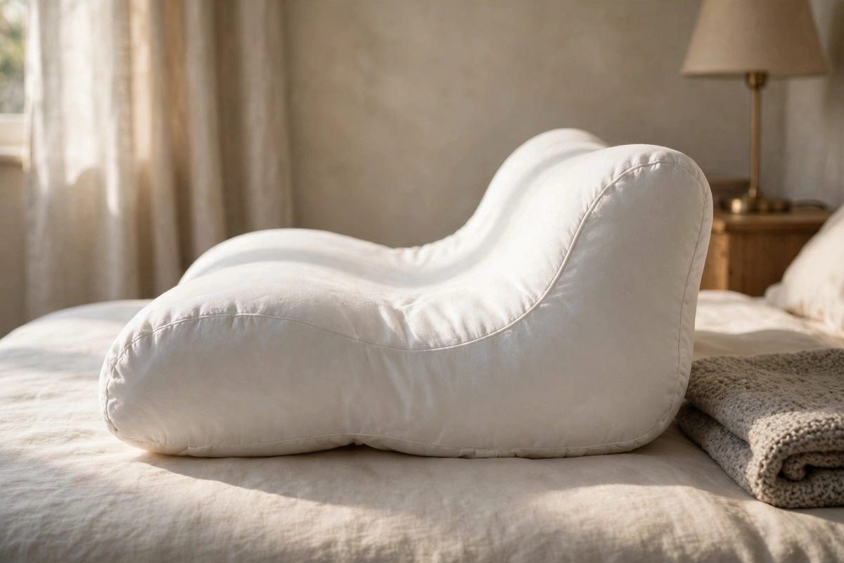 A contour pillow lying flat on a made bed, shown from the side with its lower edge and higher edge clearly visible