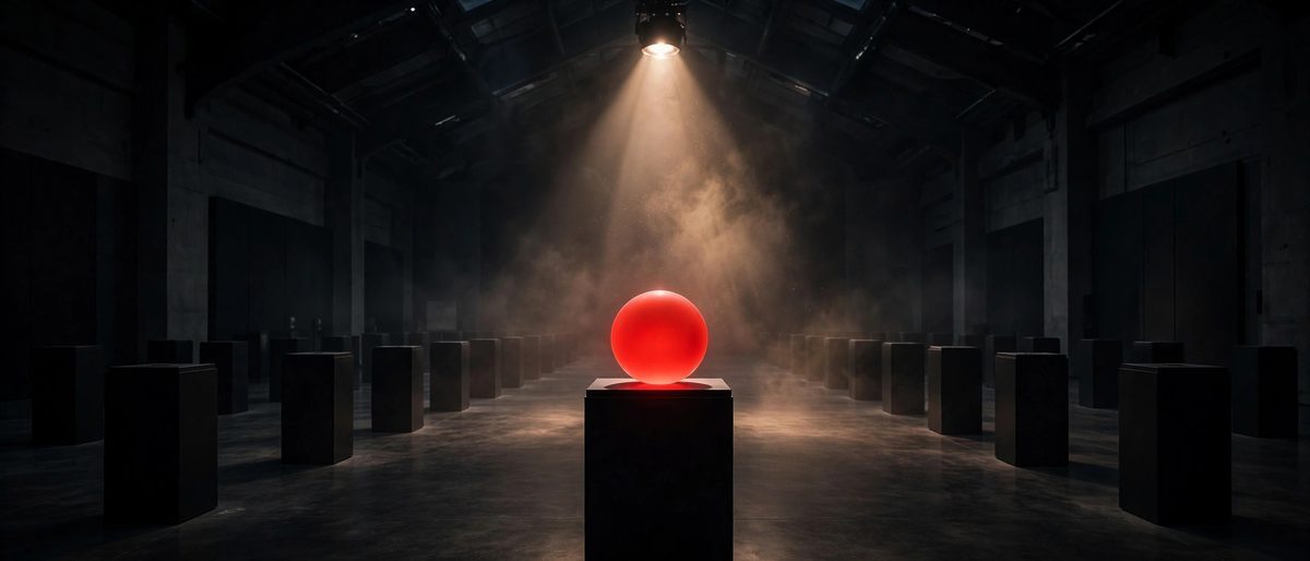A single glowing red award sculpture under a spotlight