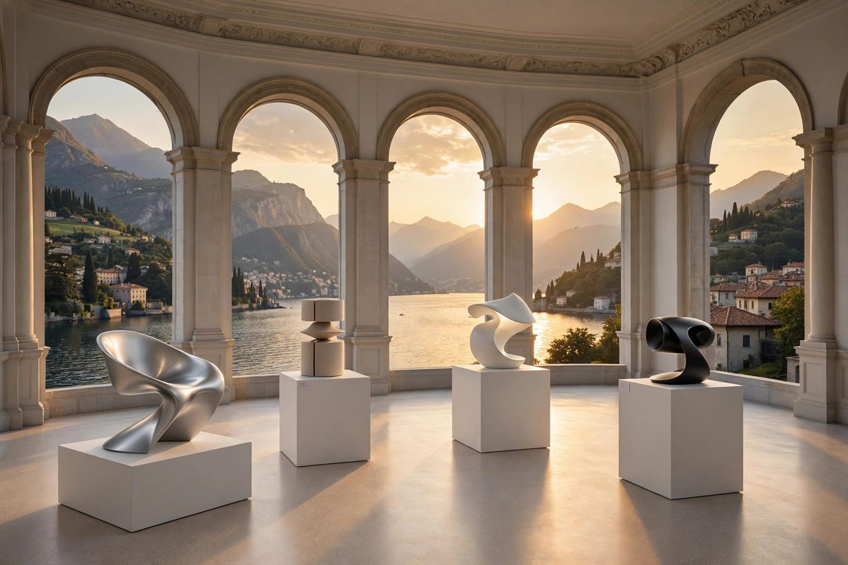 Award-winning designs on display in a museum gallery overlooking Lake Como