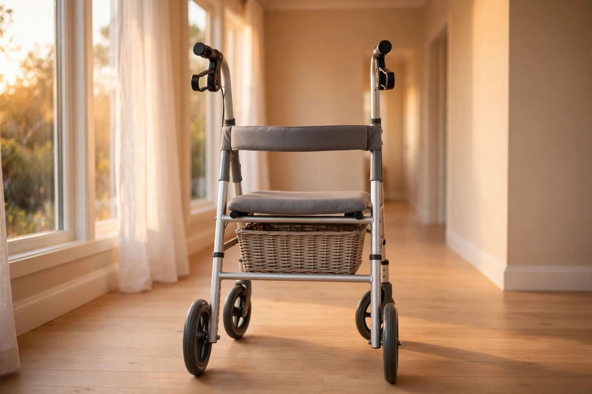 A four-wheeled rollator with a seat and storage basket standing in warm light in a bright hallway