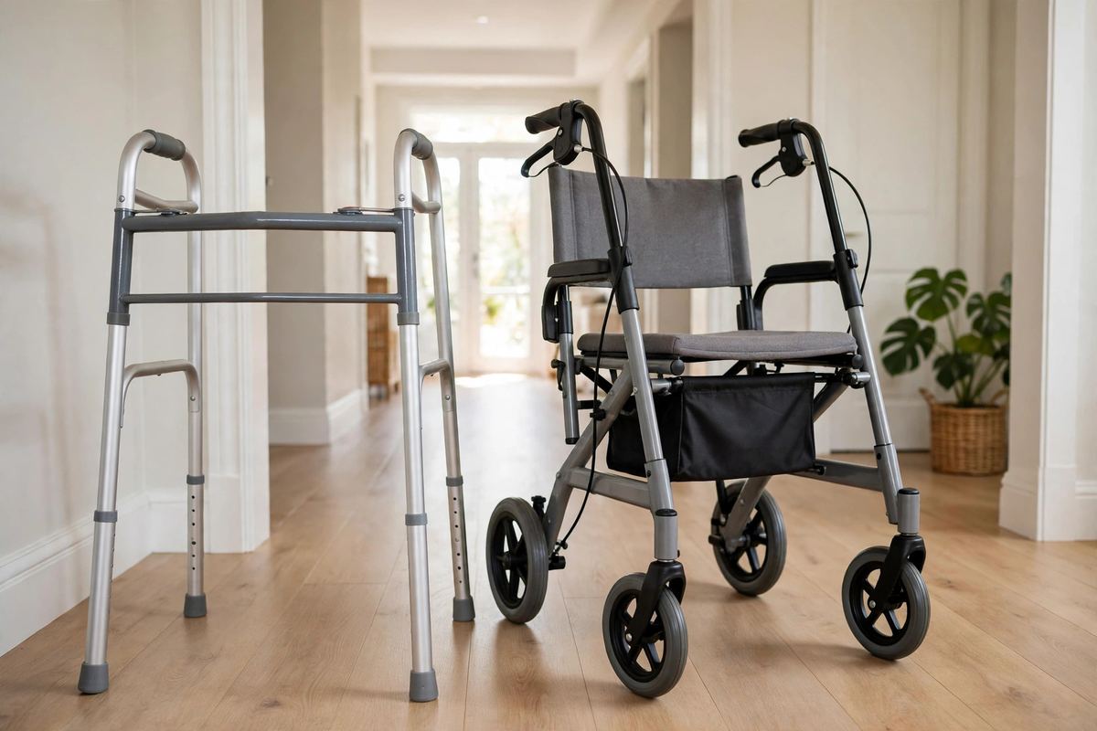 A simple folding aluminum walker and a four-wheeled rollator with a seat standing side by side in a bright hallway