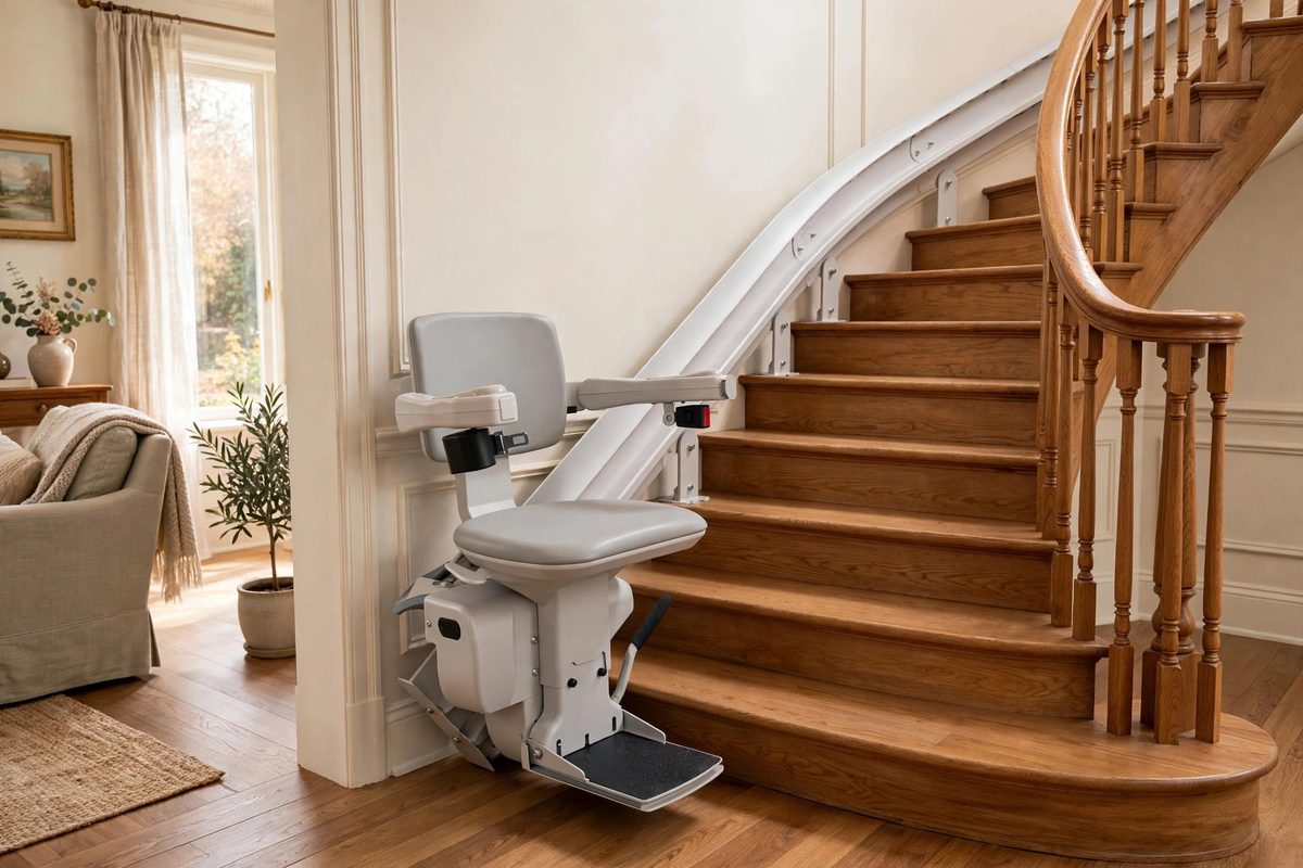 A curved stair lift rail sweeping around the bend of a staircase