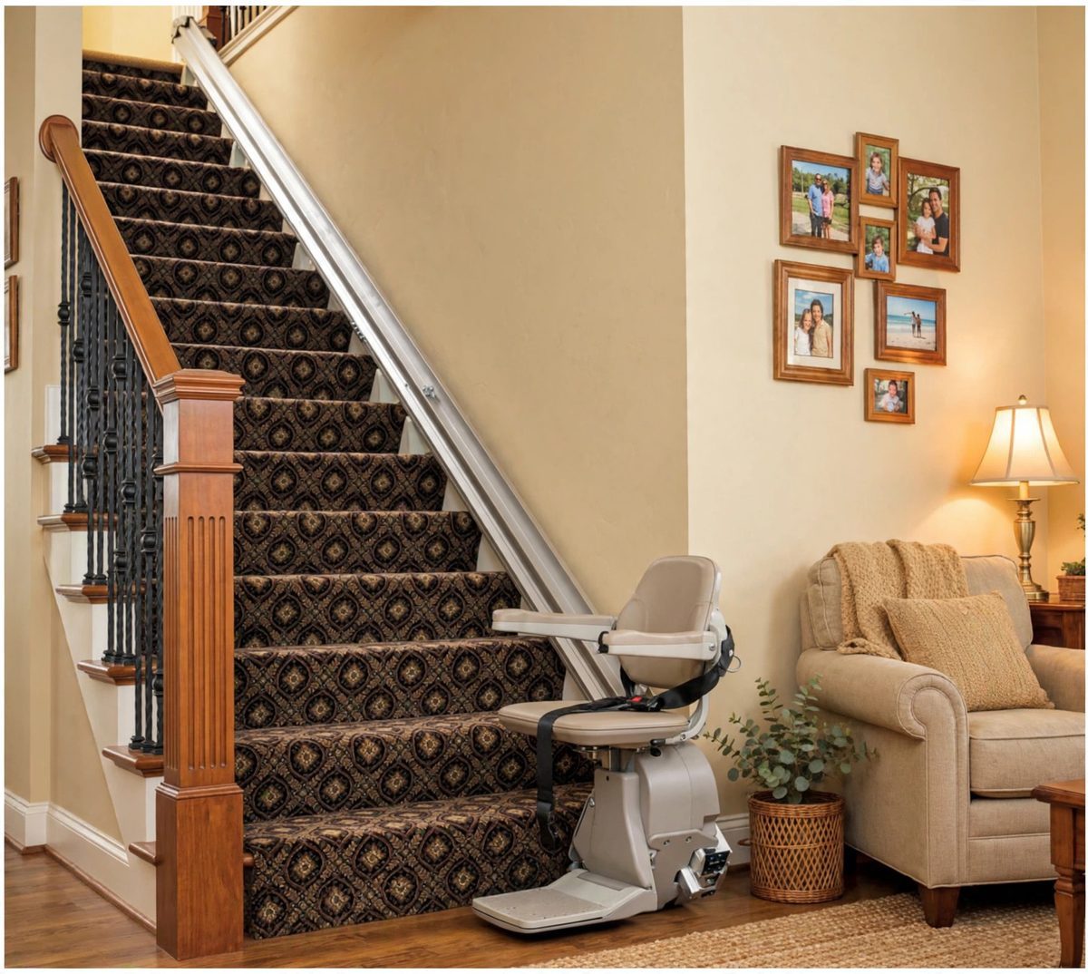 A stair lift installed in a cozy family home