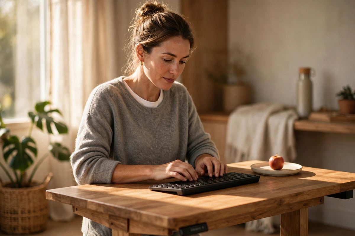 Una trabajadora de pie ante un escritorio bien ajustado, con los antebrazos nivelados y una manzana pequeña en un plato junto al teclado