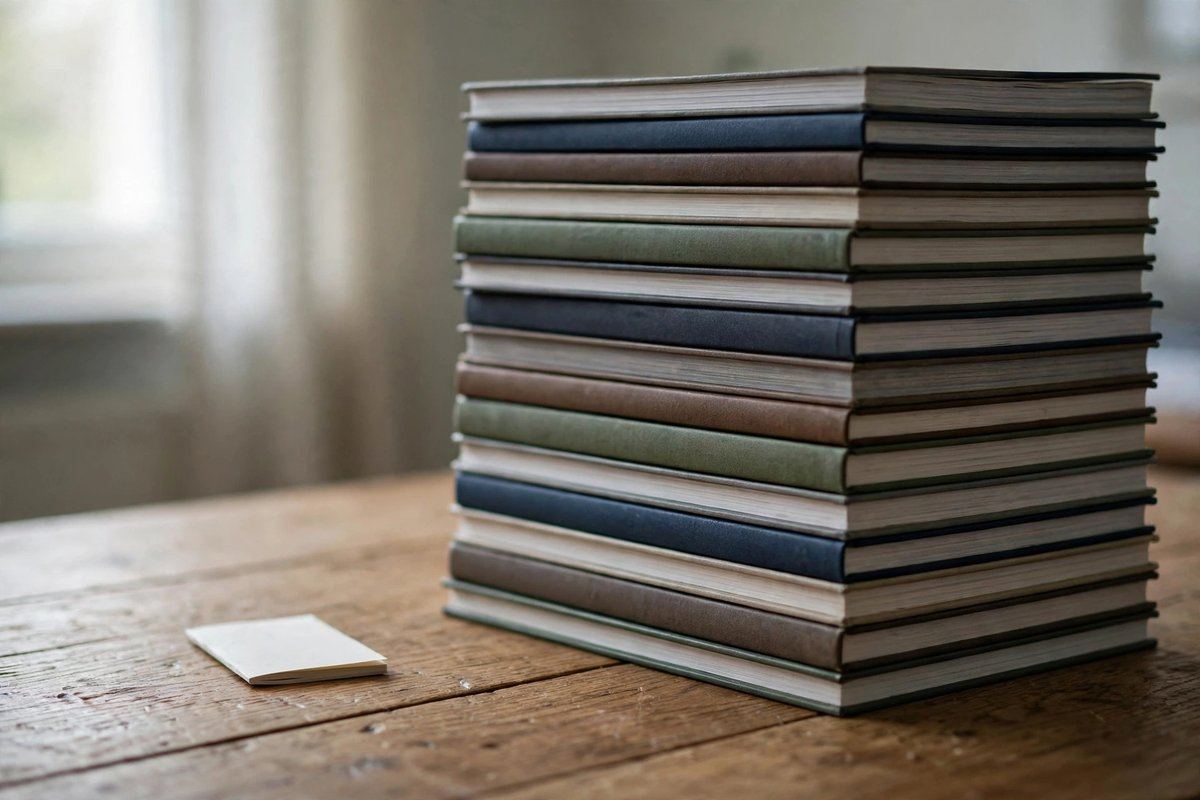 Un folleto impreso muy fino junto a una torre alta de manuales técnicos gruesos sobre un escritorio de madera; el folleto fino es el protocolo entero