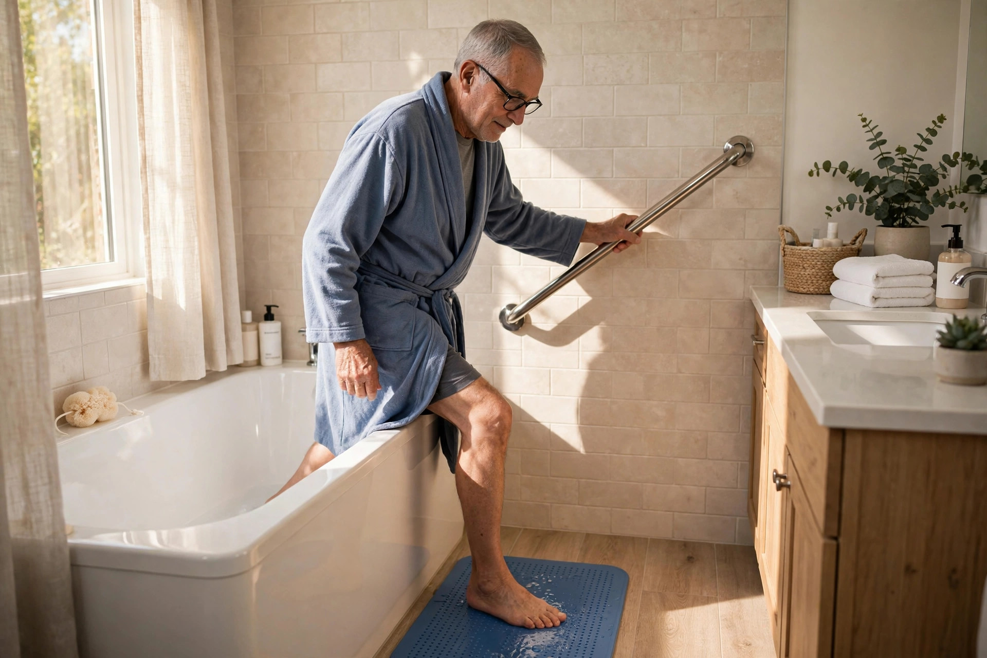 A senior stepping carefully out of a bathtub, one hand on a sturdy grab bar, morning light in a home bathroom