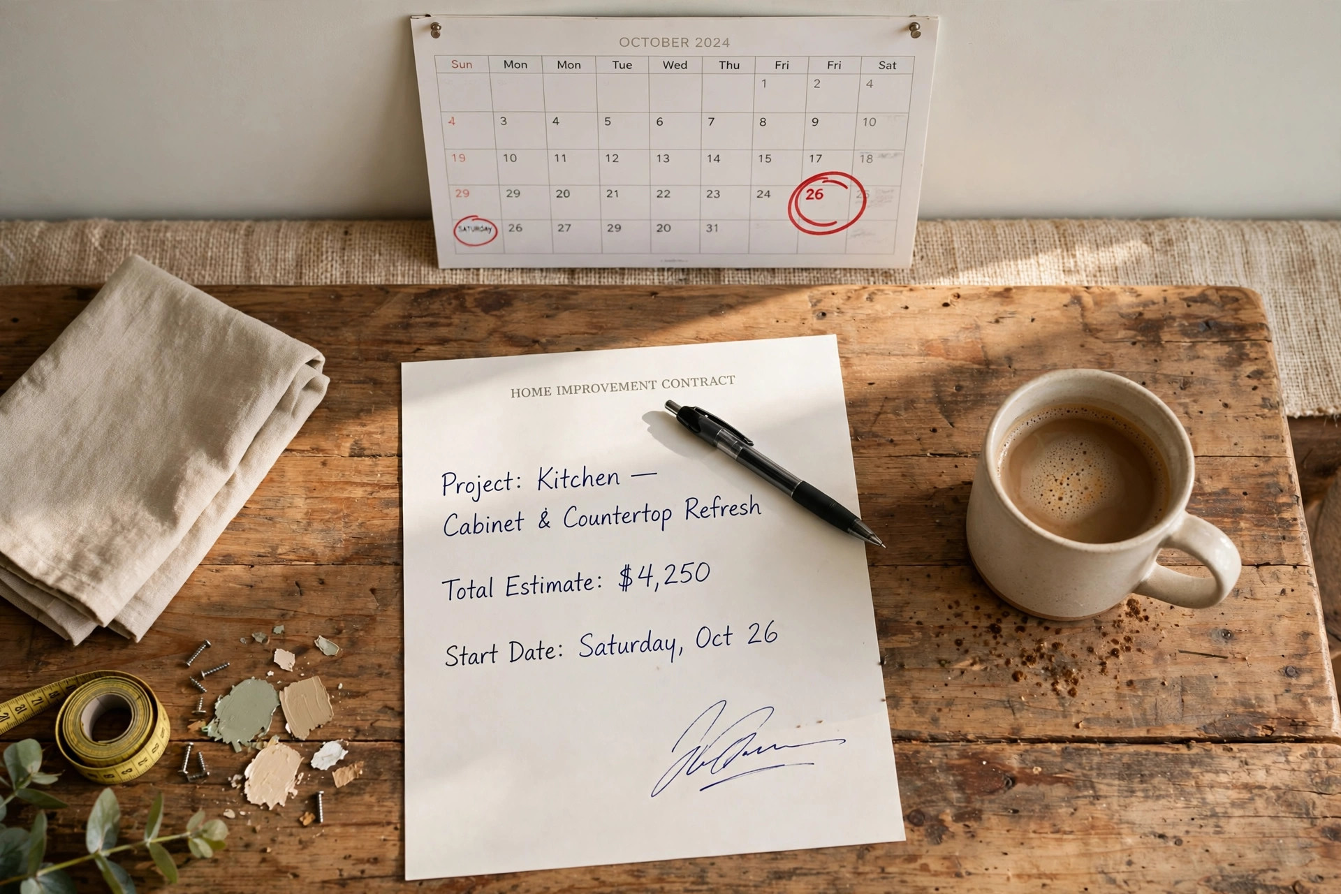 A kitchen table with a signed contract, a pen, and a wall calendar with a Saturday circled in red