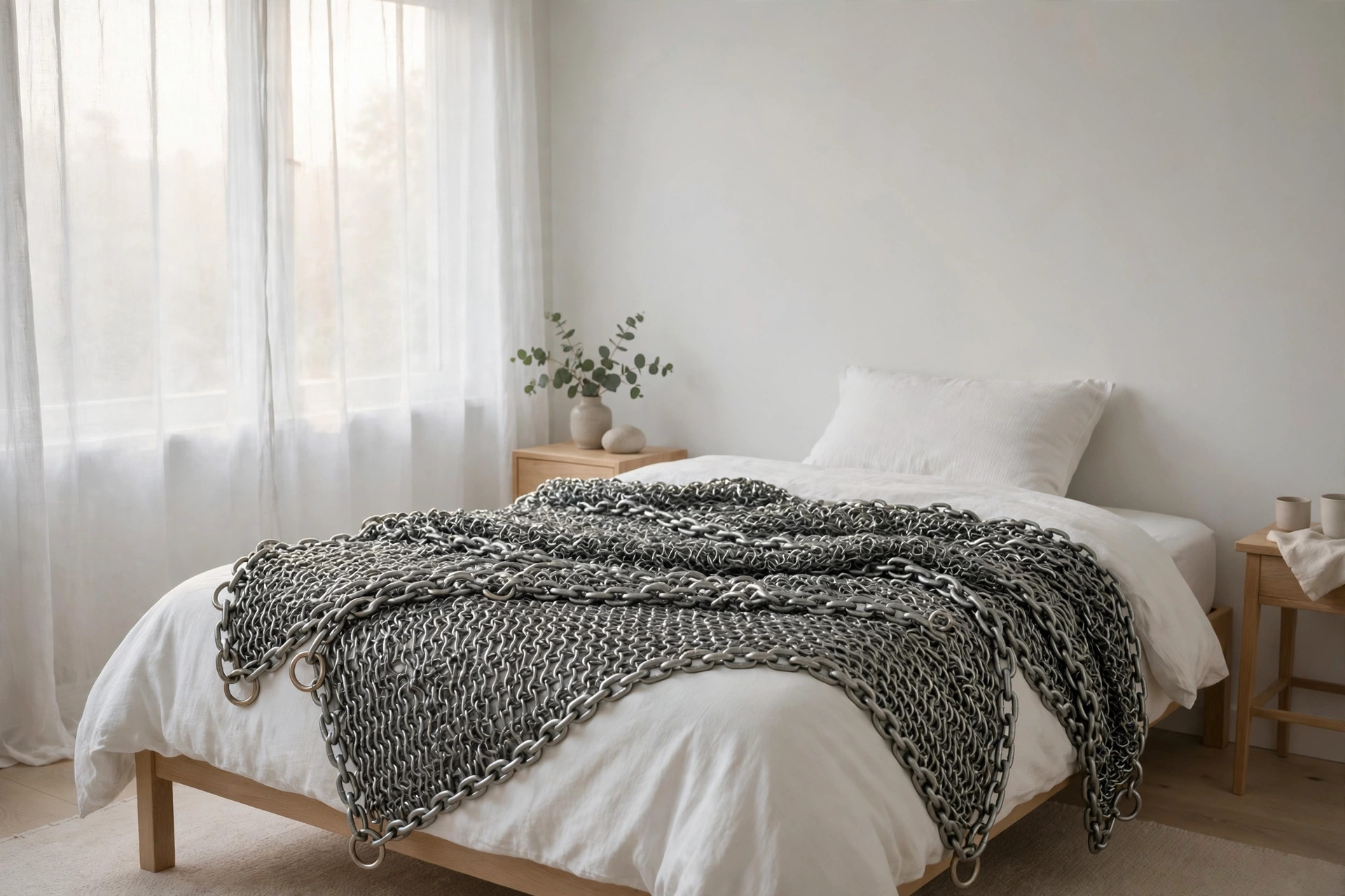 A weighted chain blanket draped over a bed in a calm Scandinavian bedroom