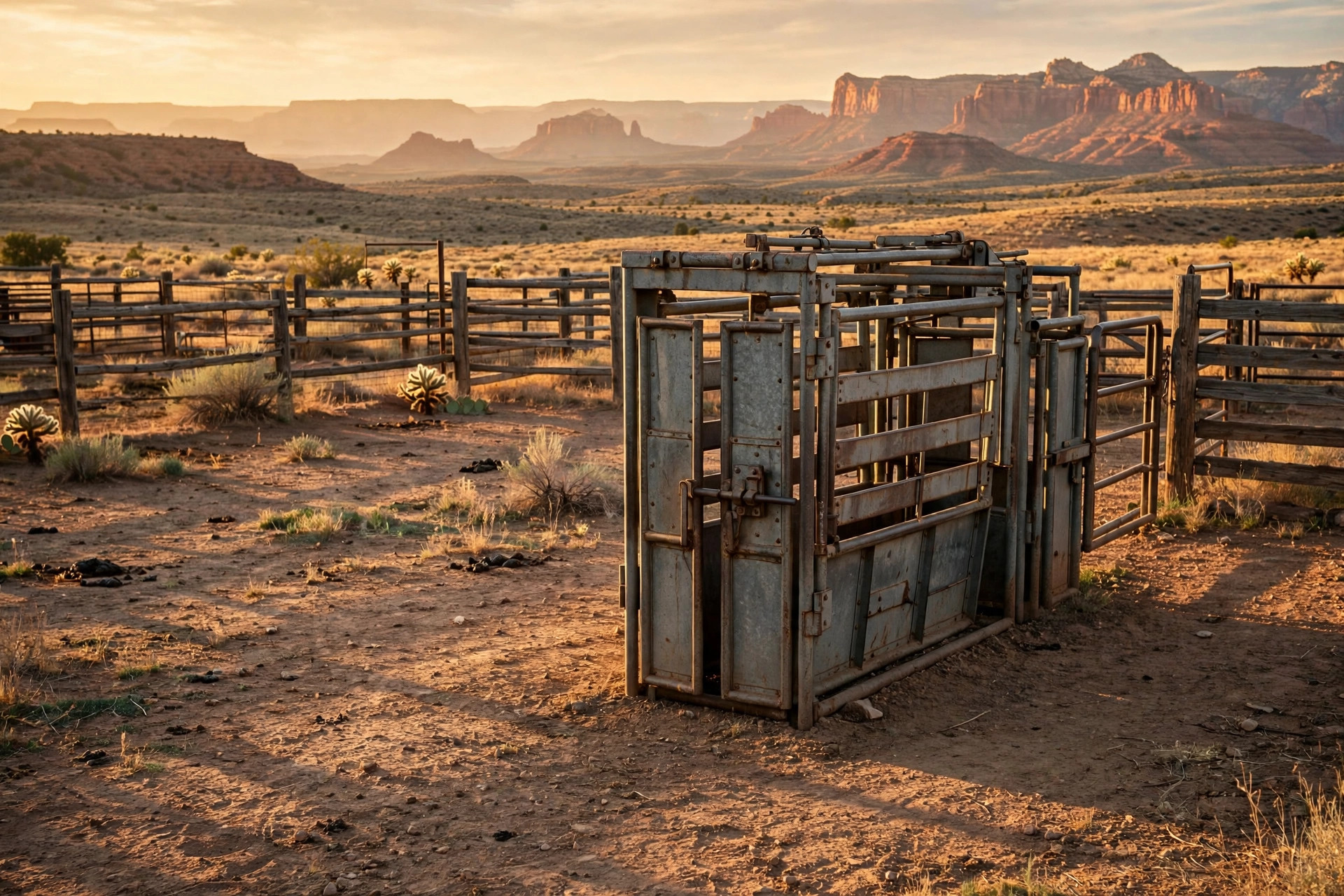 A vintage cattle squeeze chute on an Arizona ranch at golden hour